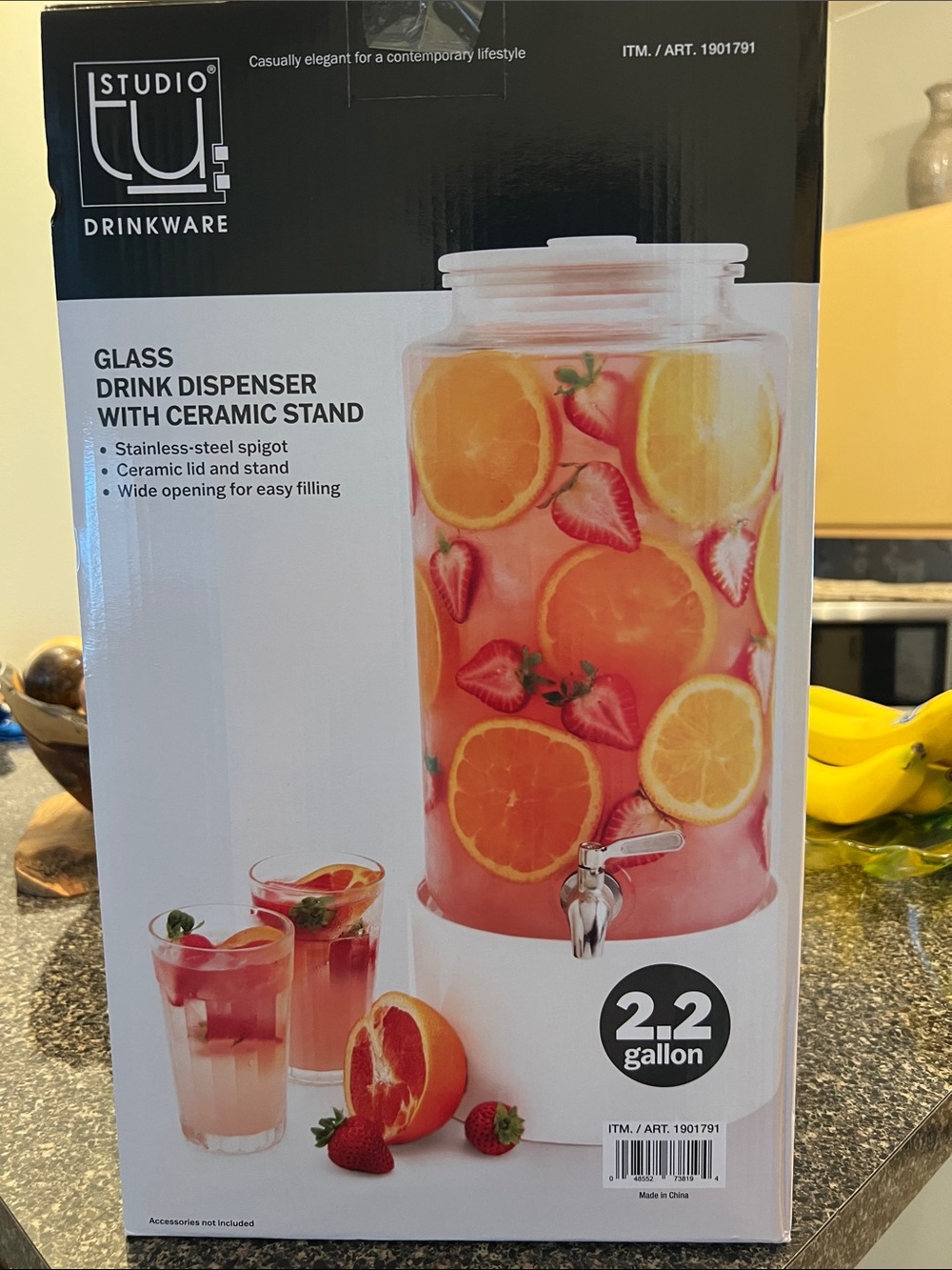ESSENTIAL 
Studio Tu drinkware 2.2 Gallon Glass Dispenser w Ceramic Stand NIB